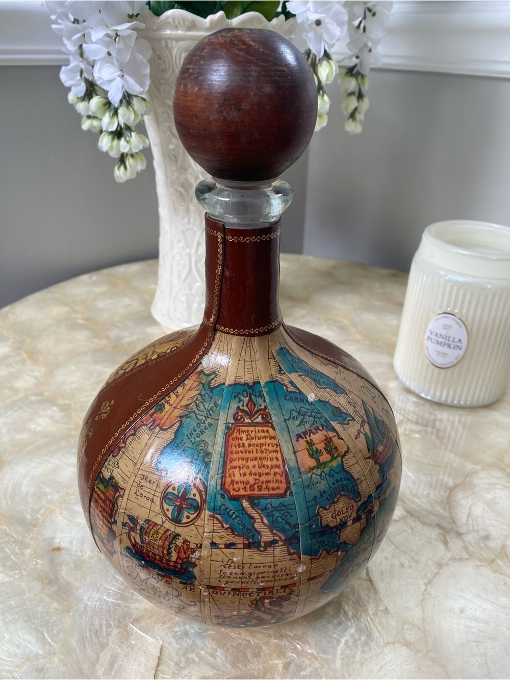 Leather wrapped Decorative Vintage Globe Decanter - Blue & Brown